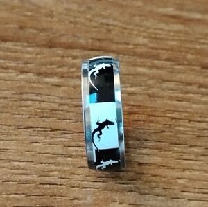 Silver Tone Black & White Gecko Lizard Silhouette Band Ring Unisex Size 8